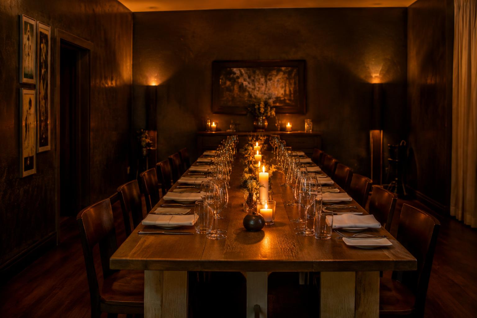 Private dining room with a long candlelit table